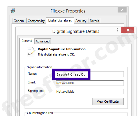Screenshot of the EasyAntiCheat Oy certificate